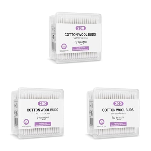 by Amazon Bastoncillos de algodón, 100% algodón, 200 unidades (Paquete de 3)