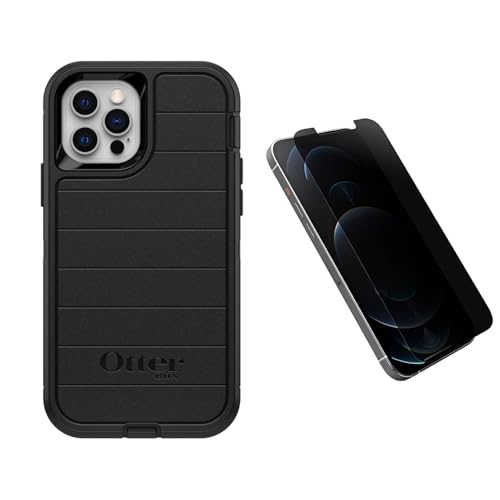 OtterBox iPhone 12/12 Pro Defender Series Case & Privacy Glass Screen Protector - Rugged Multi-Layer Protection, Port Covers, with Amplify Glass Privacy Screen Protector, Scratch Resistant, Black