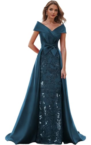 Sequin Lace Mother of The Bride Dresses for Women Off The Shoulder Formal Dress with Bow Mermaid Evening Gown