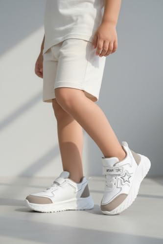 Image of High Fashion Kids Athletic Sneakers, White and Grey Sports Shoes, Breathable Synthetic Mesh, Hook and Loop Closure, Ages 4-8 Years, Summer Collection