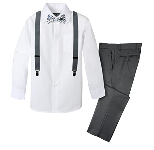 Spring Notion Boys' 4-Piece Suspender Outfit with Cotton Floral Bow Tie Charcoal-C and Dusty Blue Floral Set 24 Months