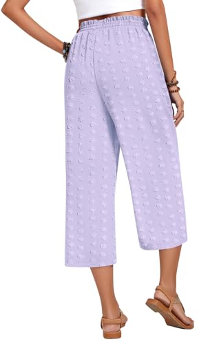 Anyhold Womens Capri Pants Loose High Waisted Wide Leg Lounge Pants Drawstring Casual Swiss Dot Palazzo Trousers with Pockets4
