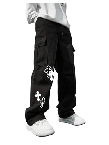 Men's Cross Graphic Baggy Cargo Pants Drawstring Waist Wide Leg Sweatpants Streetwear
