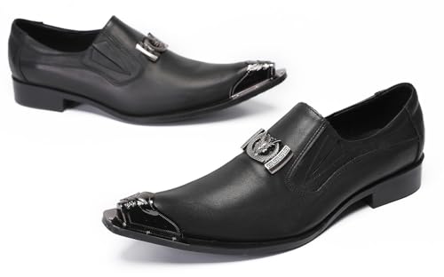 Santimon Mens Slip On Penny Loafers - Black Leather Mocasines para Hombre | Metal Wingtip Toe Dress Casual Shoes for Wedding,Bar & Ballroom4