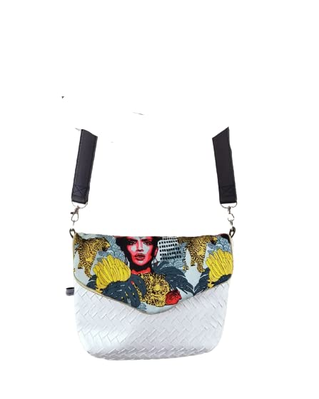 SAC A BANDOULLIERE EN SIMILI CUIR BLANC ET COTON IMPRIME