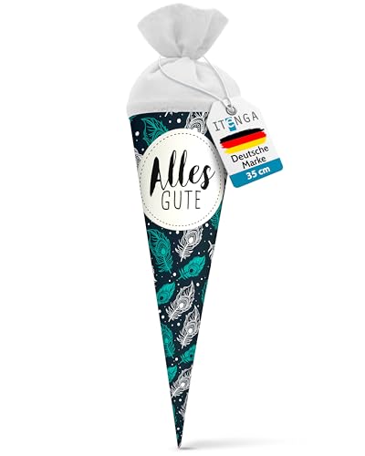 itenga Geschwisterschultüte 35 cm Tiere Pflanzen Muster Geschenkverpackung Schultüte Zuckertüte Filzverschluss Kinder Erwachsene (Federn mit Text)