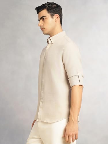 Image of Thomas Scott Men's | Solid | Textured Fabric | Full Sleeve | Slim Fit | Polyester-Blend | Spread Collar | Casual Shirt