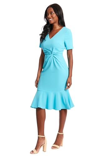 Image of London Times Women's V-Neck Dress - Flounce Hem, Twist Waist, Elegant Office & Event Wear