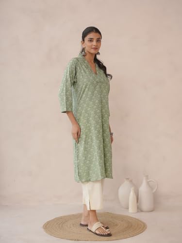 Image of GOODHAND Women Cotton Block Printed Kurta, Straight Fit Ethnic Kurti for Daily,Office & Casual Use