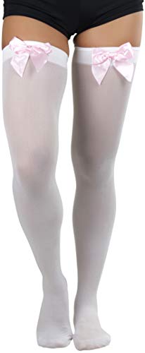 Image of ToBeInStyle Women's Opaque Long Thigh High Stockings w /Decorative Front Satin Bow