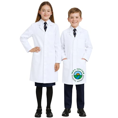 Chrysotex Kids Lab Coat 100% Cotton Snap Buttons Ages 6-12, White Science Coat for Children with 3 Pockets, Heavy Duty Durable, Perfect for School, Science Week & Dress-Up