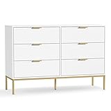 Skokliz Modern 6 Drawer Dresser, White Dressers for Bedroom, Chest of Drawers Closet Organizers and Wood Storage Clothes, White Dresser with Golden Handles for Living Room, Hallway