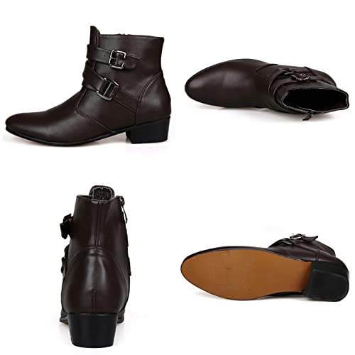 Men's Leather Pointed Toe Chelsea Boots,Buckle Straps Side Zipper Chunky Low Heel Western Formal Dress Boots Ankle Boots3