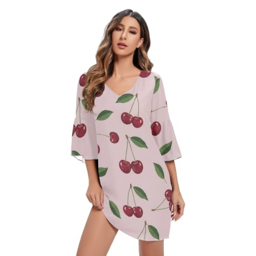 Robe imprimée rouge cerises feuilles vertes col V légère contre la chaleur
