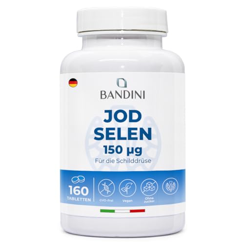 Bandini Jod & Selen | Hochdosiert mit 150g Kaliumiodid + 100g Selen je Tagesdosis (2 Tab) | Hochwertige Selenium Quelle L-Methionin | Laborgeprüft vegan | 160 Tabletten/80 Tage Vorrat