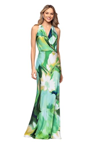 Betsy & Adam Womens Satin Surplice Neck Sleeveless Floor Length Dress Green/Multi 10