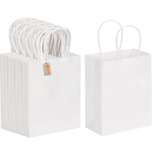 Image of Aakriti Kraft Paper Bags with Handles, White Small Gift Bags Bulk, Retail Bags, Shopping, Birthday Wedding Party Favour, Merchandise | Small Size: 7x3.5x8.5 inch WHITE (Pack of 10)