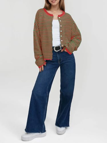 Image of Saodimallsu Womens Striped Cardigan Casual Long Sleeve Open Front Button Down Loose Knit Lightweight Fall Sweaters