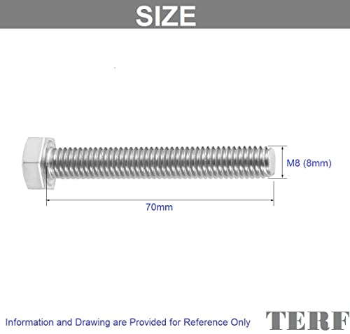 TERF® M8 X 70mm Hex Bolts Fully Threaded Set Screw M8 (8mm) X 70mm Hex Head Cap Hexagonal Bolts - Pack of 10 - Image 3