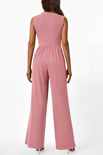Image of PRETTYGARDEN Women's Summer Dressy Casual Jumpsuits | Cozy Ribbed Fabric, Sleeveless Mock Neck, Back Zipper, Pockets, Wide Leg Pants Rompers, Fashion Clothing, One Piece Outfits