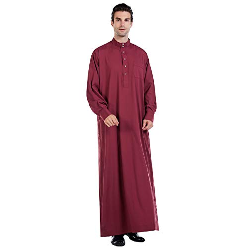 Men's Muslim Clothes Button Closure Durable Kaftan Robe Dubai Long Gown Ethnic Clothes,1pc Soft Robe - StlyeB Wine