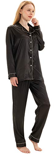 YIMANIE Womens Silky Satin Pajamas Set Classic Sleepwear Loungewear Black