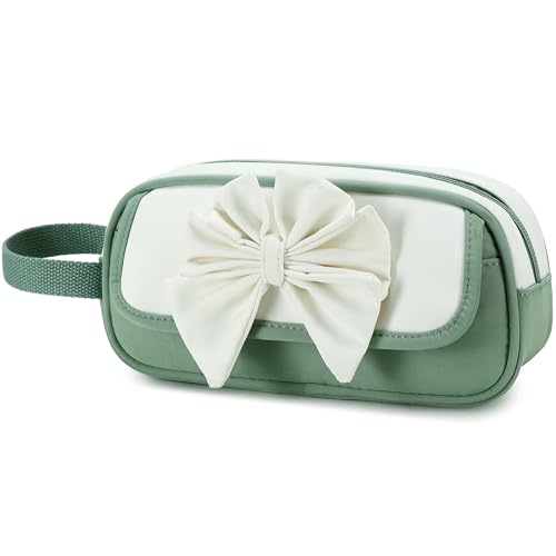 Image of Large Pencil Case for Girls Teens Kids School Zipper Pencil Pouch Green | Bowknot Organizer Pencil Bag Handle Aesthetic Big Pencil Box for School Supplies, Durable Metal Zipper, Large Capacity Design