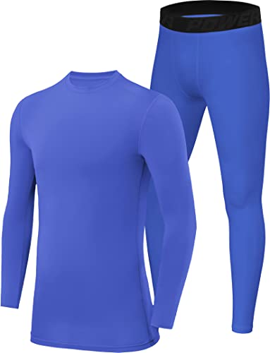 PowerLayer Men's Performance Base Layer Thermal Long Sleeve Top & Tights Compression Set - Dazzling Blue + Dazzling Blue, L