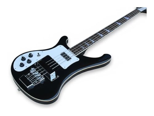 Bajo eléctrico de 4 cuerdas for zurdos, negro brillante, doble pastilla, estilo rock clásico