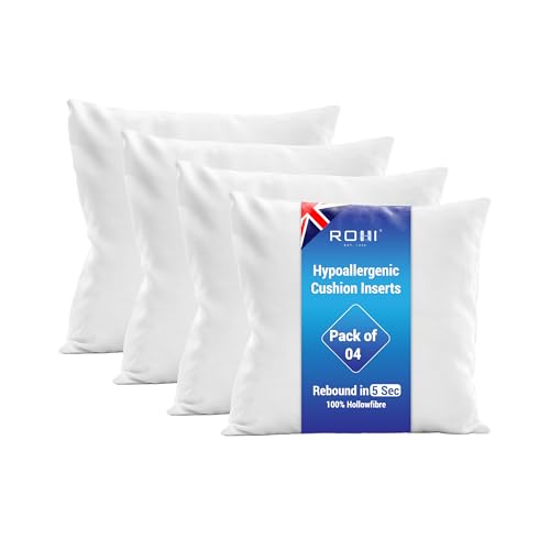 Rohi Set of 4 Hypoallergenic Cushion pads 45cm x 45cm - White polyster square Cushions - Standard stuffer pack of Cushion inserts 45cm x 45cm (Pack of 4 | 18'x18')