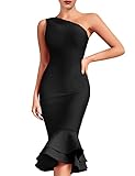 whoinshop Women's One Shoulder Mermaid Bodycon Dress Celebrity Midi Party Club Bandage Dress Black M