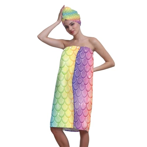 Surwin Falda Escocesa para Sauna Mujer con Toalla Pelo, Albornoz Ducha Mujer con Toalla Pelo Microfibra Suave y Absorbente Falda de Baño Usable para Sauna SPA Ducha (Escama de pez 8)
