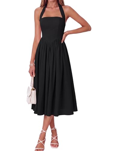 Image of Parthea Women's Floral Halter Corset Midi Dress 2026 Elegant Smocked Flowy Wedding Guest Dresses with Pockets