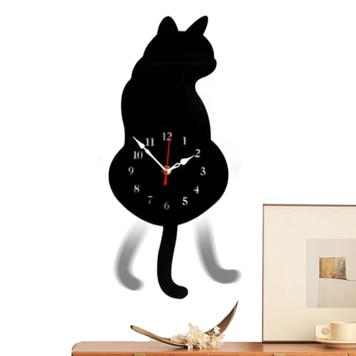 Generisch Lindo - Gato acrílico con cola giratoria | Decoración interior de pared silenciosa para hotel, cocina, restaurante, apartamento, oficina, dormitorio, alquiler