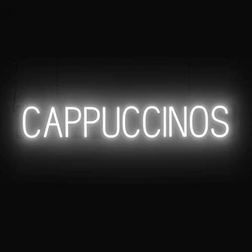 Image of SpellBrite LED Neon CAPPUCCINOS Sign for Business - White, 41 inch x 6 inch | Ultra-Bright Click-Together Signage for Cafes, with Visibility from 500 Feet - 8 Animations, 6 Brightness Settings