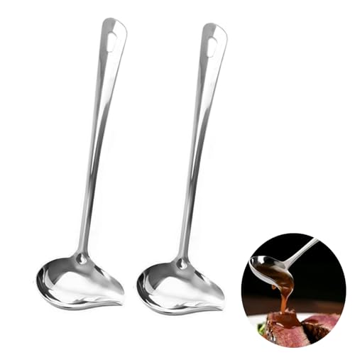2 Stück Soßenlöffel aus Edelstahl, 29cm Saucenkelle mit Schrägem Ausgießer, Saucenlöffel Länge 29cm, Nieselregenlöffel, Suppenlöffel Set für Suppensoßen Bratensoßen Dressings, Silber