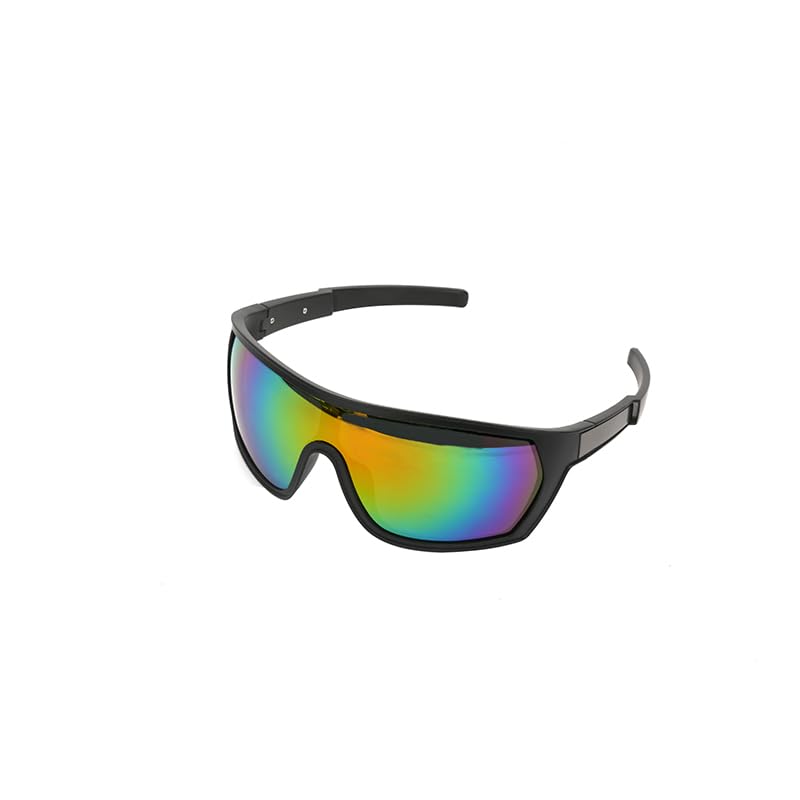 Sports Sunglasses with Rainbow Mirror Lens, Black Frame, Shield Design (colorful)