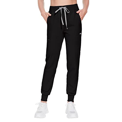 VIAOLI Scrub Pants for Women 8 Pockets Jogger Pants Cargo Scrubs Bottom with Knit Yoga Waistband,Elastic Drawcord Scrubs (Black,S,Small)