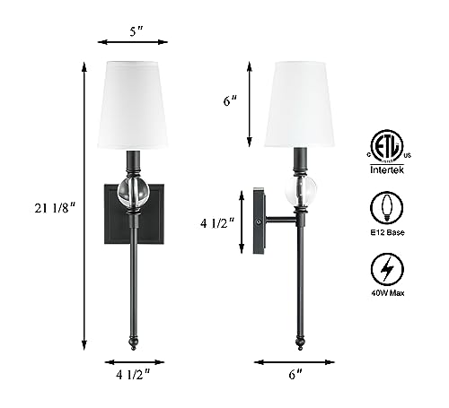 Image of XiNBEi Lighting Black Bathroom Sconces Set of 2 with Crystal Ball Accent | White Fabric Shade, Torch Indoor Wall Light Fixture, Hardwired, For Bedroom Bedside Living Room Kitchen Entryway Stairway