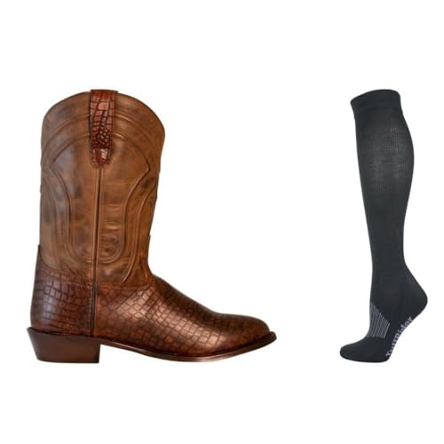 TuffRider Men's Hayden Wide Round Toe Western Boot- Brown-With Free Assorted Striped Socks