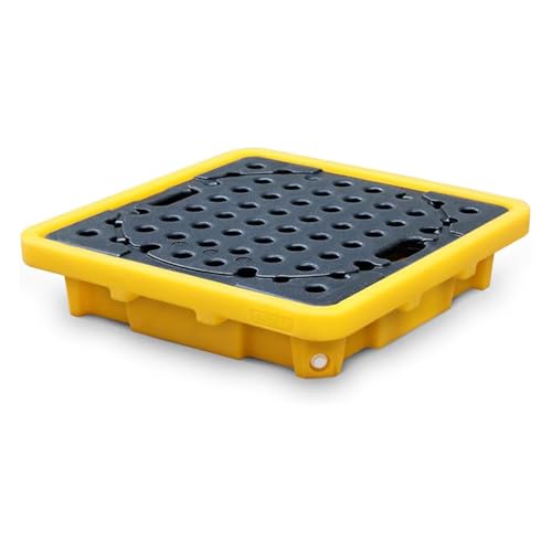 Plataforma de contención de derrames de 1 bidón, Industrial Polietileno Paleta de contención de vertidos con sumidero de 43L, Plataforma Antiderrames con drenaje Para fábricas,Amarillo,67.5x67.5x15cm