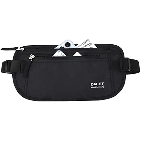 DAITET Money Belt - Passport Holder Secure Hidden Travel Wallet with RFID Blocking, Undercover Fanny Pack (Black) Cover