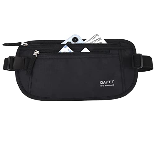DAITET Money Belt – Passport Holder Secure Hidden Travel Wallet with RFID Blocking, Undercover Fanny Pack (Black)