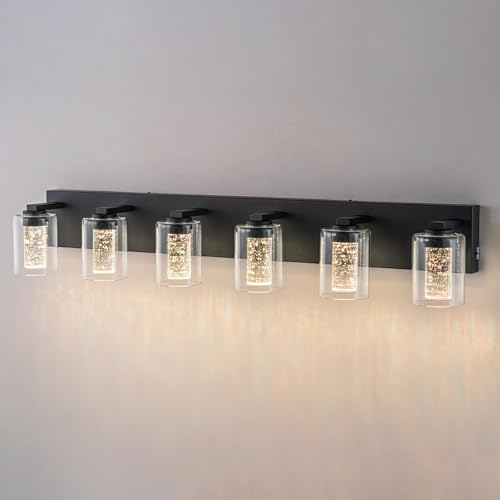 Image of SineRise Bathroom Vanity Light with 3 Color Modes (3000K /4000K /6000K), Eye Protection LED Bathroom Light Fixture, Dimmable Modern Wall Light Over Mirror with Clear Glass Shade (Black, 6-Light)