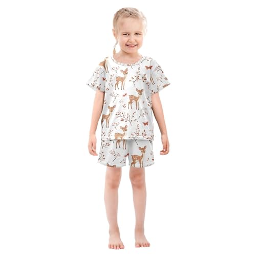 ALAZA Deer Leaf Deer Butterfly Pajamas Set Short Sleeve Cotton Sleepwear Summer Pjs 2 Piece 5-14Y3