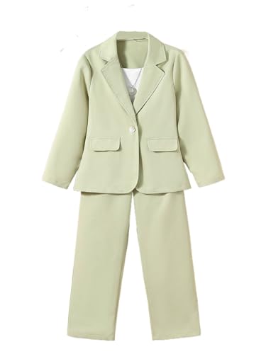 Image of Milumia Girl's Two Piece Outfit Button Open Front Blazer and Pants Set Green 10 Years