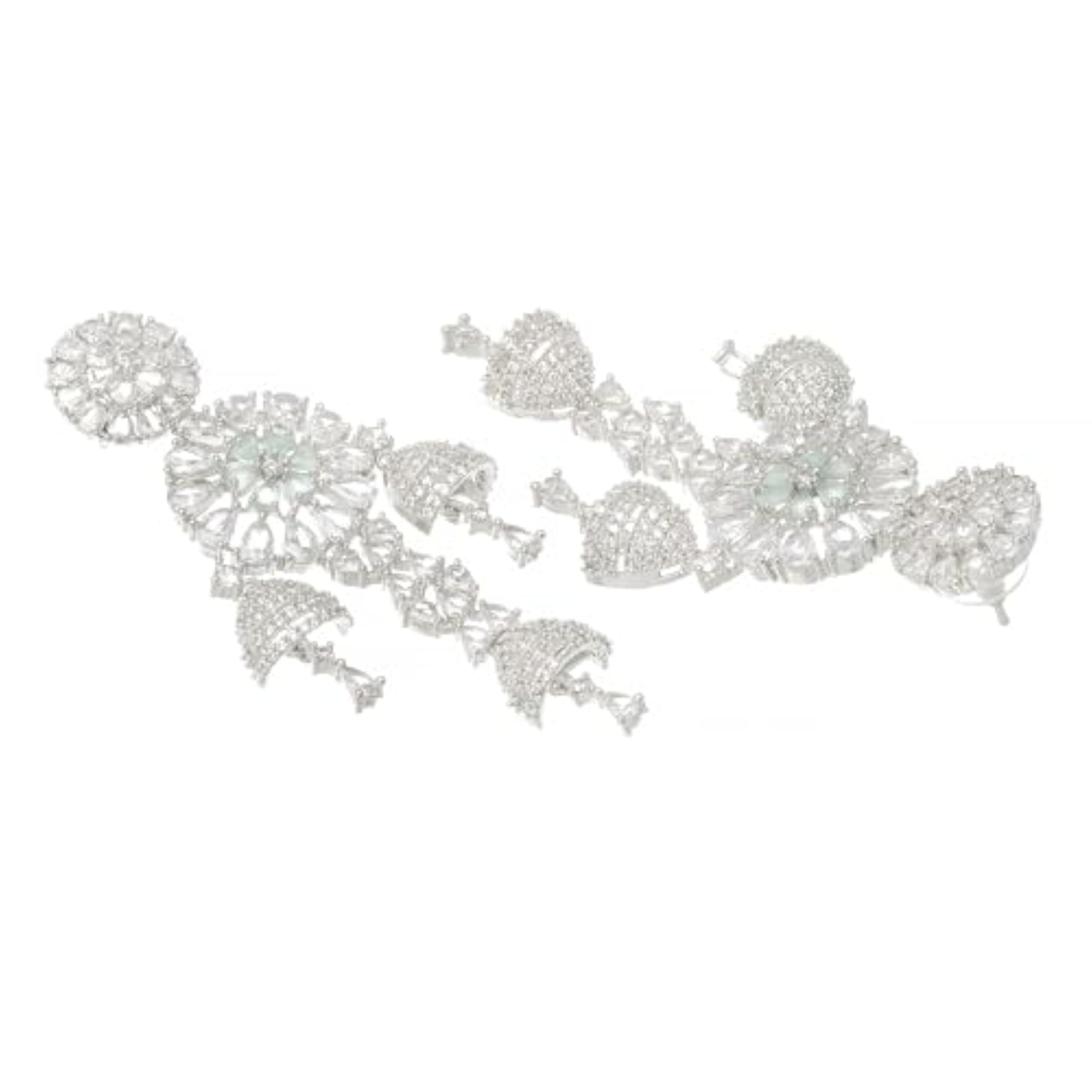 Rhodium-Plated Circular Drop Earrings with American Diamond Studs
