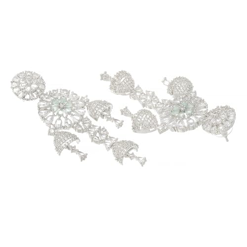 Rhodium-Plated Circular Drop Earrings with American Diamond Studs