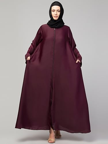 Image of Mallika Women Modest Wear Nida Matt Front Open Zipper Abaya Burkha for Everyday use (Wine, 3XL)