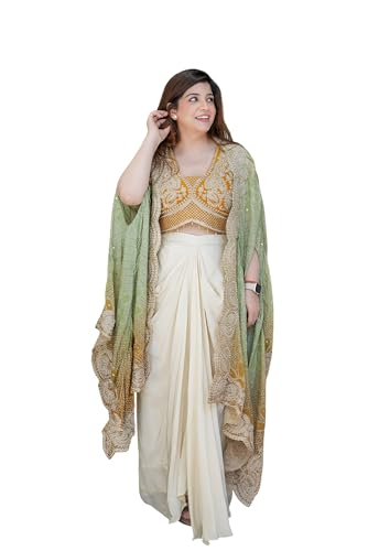 Poru IMPEX Women's Designer Indo-Western Draped Saree Set – Stylish Pre-Stitched Ethnic Gown-Style Outfit (Yellow, X-Large)